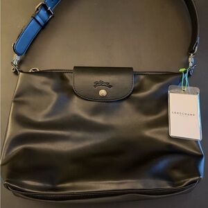 Longchamp Black Leather Tote with Silver Charm